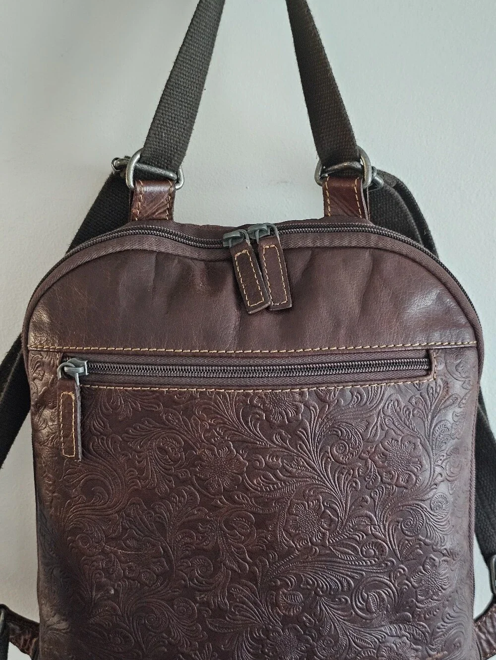 Jack Georges Voyager Convertible Backpack Brown Buffalo Leather Floral Embossed